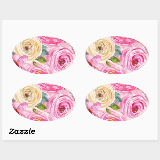 ピンクとクリームの水彩ローズ - ピンクのグリッター 楕円形シール (シート)