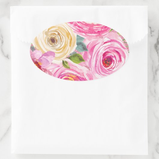 ピンクとクリームの水彩ローズ - ピンクのグリッター 楕円形シール (バッグ)