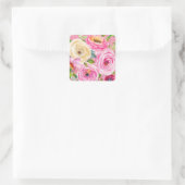 ピンクとクリームの水彩ローズ - ピンクグリッター スクエアシール (バッグ)