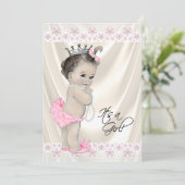 ピンクとクリームの真珠とレースの赤ちゃんシャワー 招待状 (スタンド正面)