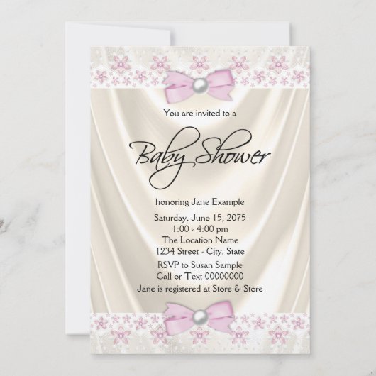 ピンクとクリームの真珠とレースの赤ちゃんシャワー 招待状 (裏面)