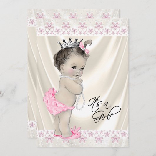 ピンクとクリームの真珠とレースの赤ちゃんシャワー 招待状 (正面/裏面)