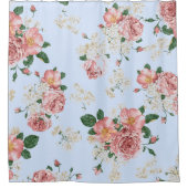 ピンクとクリームオンブルーヴィンテージフローラ シャワーカーテン (正面)