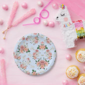 ピンクとクリームオンブルーヴィンテージフローラ ペーパープレート (パーティー)