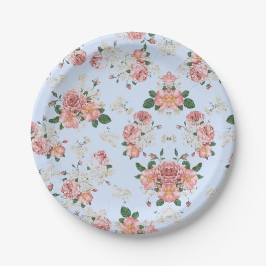 ピンクとクリームオンブルーヴィンテージフローラ ペーパープレート (正面)