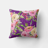 ピンクとクリームパープルバラの水彩グリッター クッション (裏面)