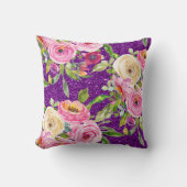 ピンクとクリームパープルバラの水彩グリッター クッション (正面)