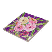 ピンクとクリームパープルバラの水彩グリッター タイル (側面)