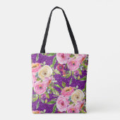 ピンクとクリームパープルバラの水彩グリッター トートバッグ (裏面)