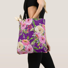 ピンクとクリームパープルバラの水彩グリッター トートバッグ