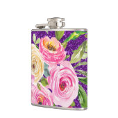 ピンクとクリームパープルバラの水彩グリッター フラスク (左)