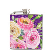 ピンクとクリームパープルバラの水彩グリッター フラスク (正面)