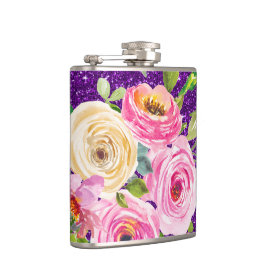 ピンクとクリームパープルバラの水彩グリッター フラスク