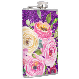 ピンクとクリームパープルバラの水彩グリッター フラスク