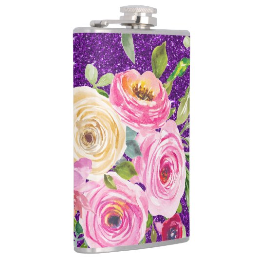 ピンクとクリームパープルバラの水彩グリッター フラスク (右)