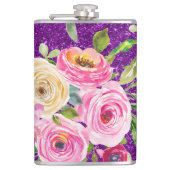 ピンクとクリームパープルバラの水彩グリッター フラスク (正面)