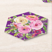 ピンクとクリームパープルバラの水彩グリッター ペーパーコースター (アングル)