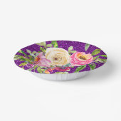 ピンクとクリームパープルバラの水彩グリッター ペーパーボウル (傾斜あり)