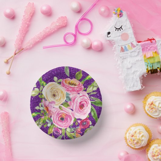 ピンクとクリームパープルバラの水彩グリッター ペーパーボウル (パーティー)
