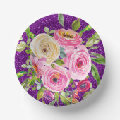 ピンクとクリームパープルバラの水彩グリッター ペーパーボウル (正面)