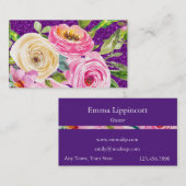 ピンクとクリームパープルバラの水彩グリッター 名刺 (正面/裏面)