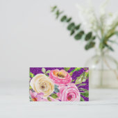 ピンクとクリームパープルバラの水彩グリッター 名刺 (スタンド正面)