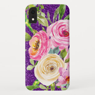 ピンクとクリームパープルバラの水彩グリッター iPhone XRケース