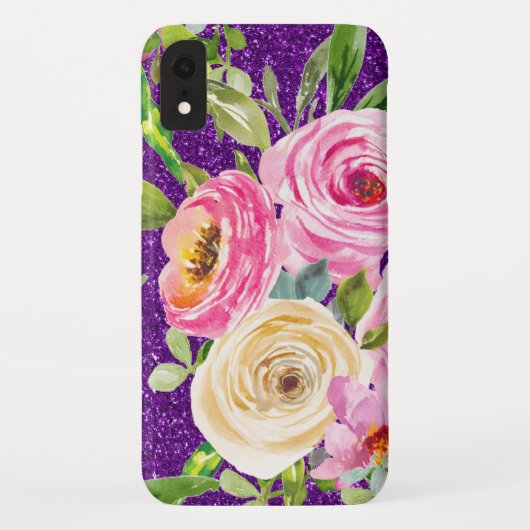 ピンクとクリームパープルバラの水彩グリッター Case-Mate iPhoneケース (裏面)