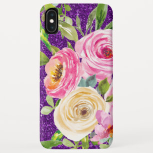 ピンクとクリームパープルバラの水彩グリッター iPhone XS MAXケース