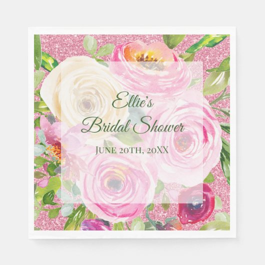 ピンクとクリームピンクの水彩バラグリッター スタンダードランチョンナプキン (正面)