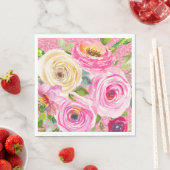 ピンクとクリームピンクの水彩バラグリッター スタンダードランチョンナプキン (インサイチュ)