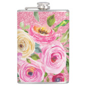 ピンクとクリームピンクの水彩バラグリッター フラスク (正面)