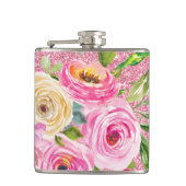 ピンクとクリームピンクの水彩バラグリッター フラスク (正面)
