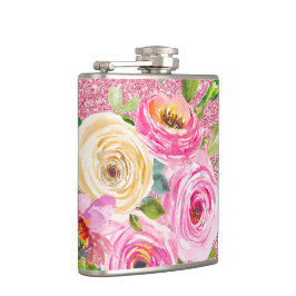 ピンクとクリームピンクの水彩バラグリッター フラスク
