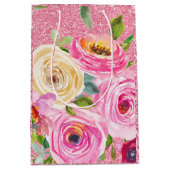 ピンクとクリームピンクの水彩バラグリッター ミディアムペーパーバッグ (正面)