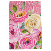 ピンクとクリームピンクの水彩バラグリッター ミディアムペーパーバッグ (裏面)