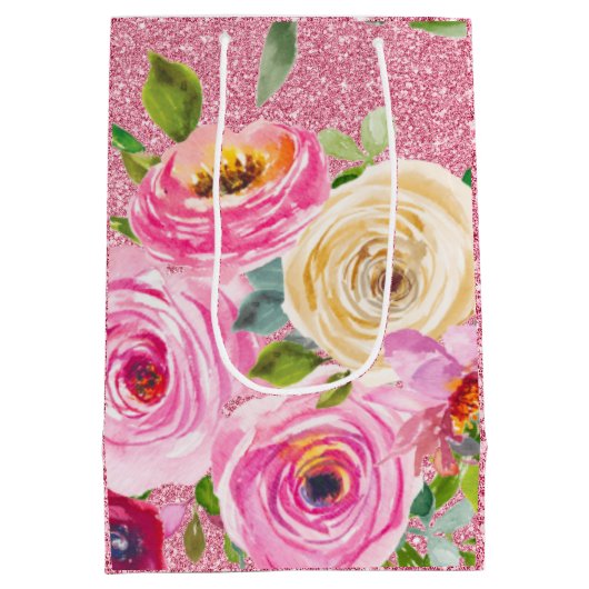 ピンクとクリームピンクの水彩バラグリッター ミディアムペーパーバッグ (裏面)