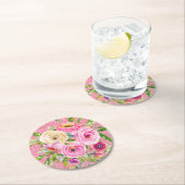 ピンクとクリームピンクの水彩バラグリッター ラウンドペーパーコースター (インサイチュ)