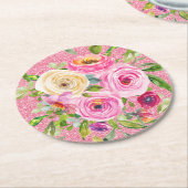 ピンクとクリームピンクの水彩バラグリッター ラウンドペーパーコースター (アングル)
