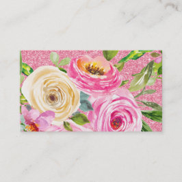 ピンクとクリームピンクの水彩バラグリッター 名刺