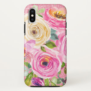 ピンクとクリームピンクの水彩バラグリッター iPhone XSケース