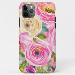 ピンクとクリームピンクの水彩バラグリッター iPhone 11 PRO MAXケース