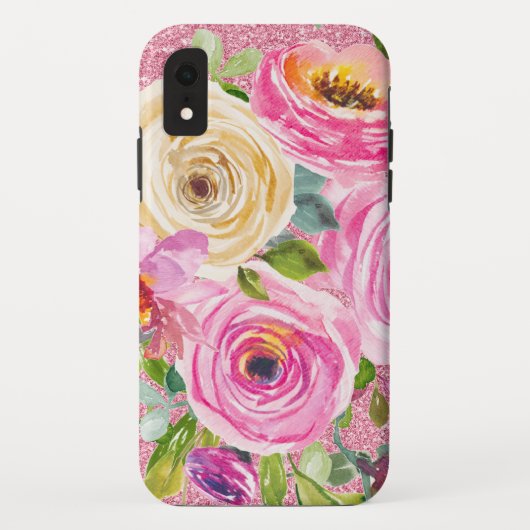 ピンクとクリームピンクの水彩バラグリッター Case-Mate iPhoneケース (裏面)