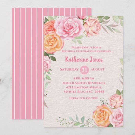 ピンクとクリームフローラの女性の誕生日パーティー 招待状 (正面/裏面)