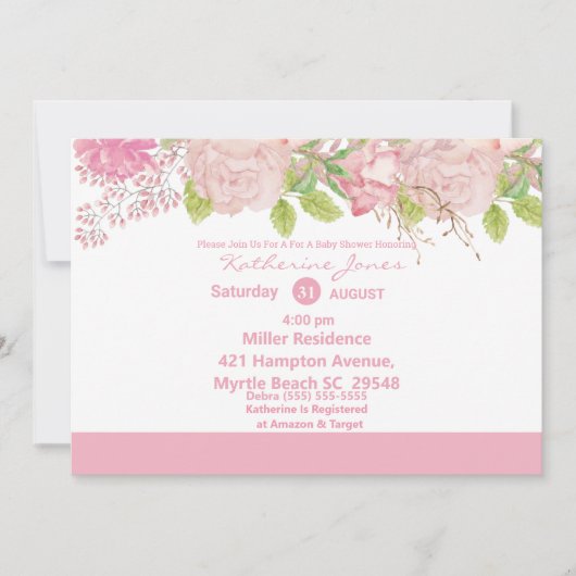 ピンクとクリームフローラベビーシャワー招待状 招待状 (正面)