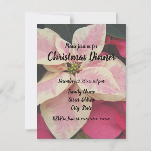 ピンクとクリーム大理石ポインセチアのクリスマスディナー 招待状 (正面)