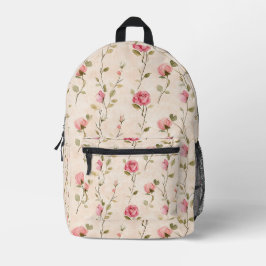 ピンクとクリーム色のバラの花柄 プリントバックパック