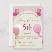 ピンクとクリーム色の蝶の5歳の誕生日 招待状 (正面)