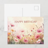 ピンクとクリーム色の野の花たち お誕生日おめでとう ポストカード (正面/裏面)