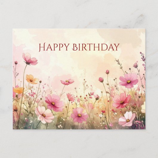 ピンクとクリーム色の野の花たち お誕生日おめでとう ポストカード (正面)